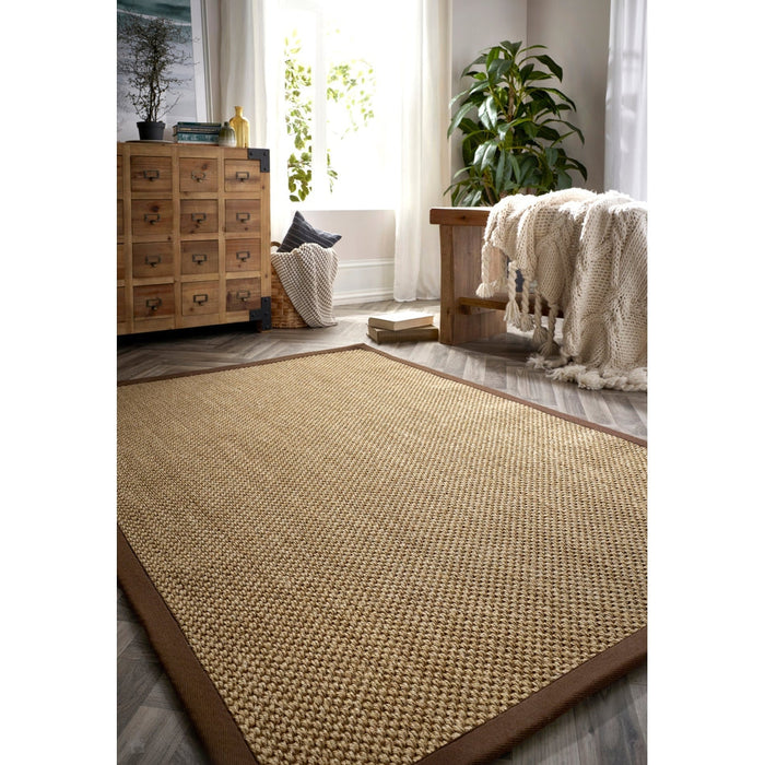 Sisal Border Plain Hand-Woven Textured Natural Fibre Flatweave Warm Natural/Dark Brown Border Rug