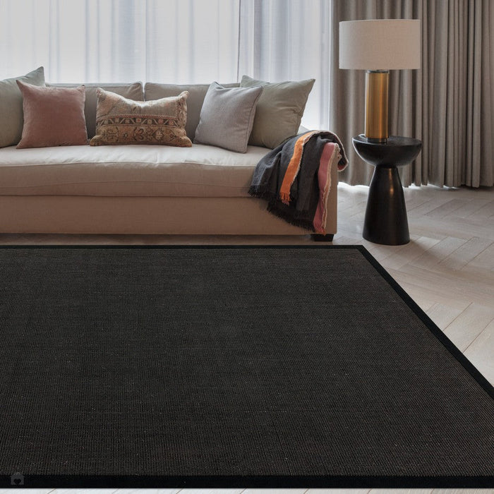 Sisal Cotton Border Plain Natural Fibre Ribbed Textured Flatweave Black/Black Rug