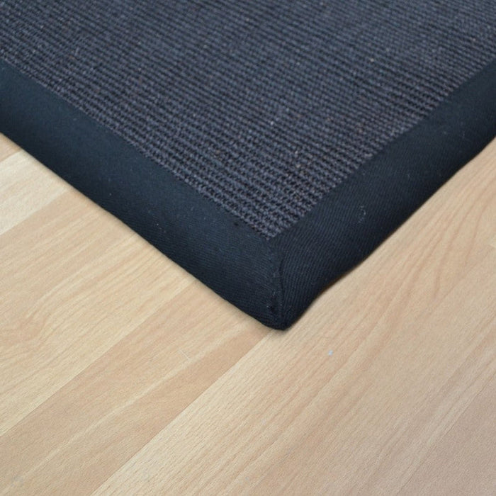 Sisal Cotton Border Plain Natural Fibre Ribbed Textured Flatweave Black/Black Runner