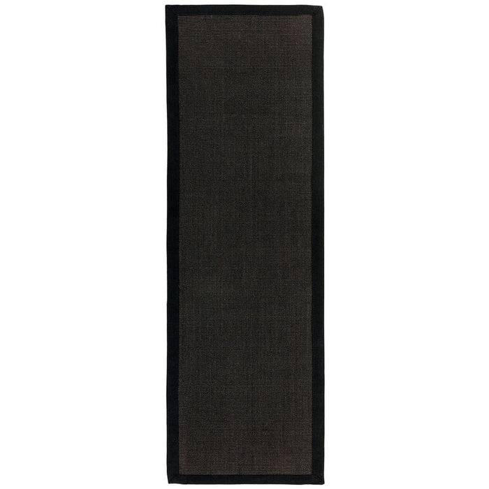 Sisal Cotton Border Plain Natural Fibre Ribbed Textured Flatweave Black/Black Runner