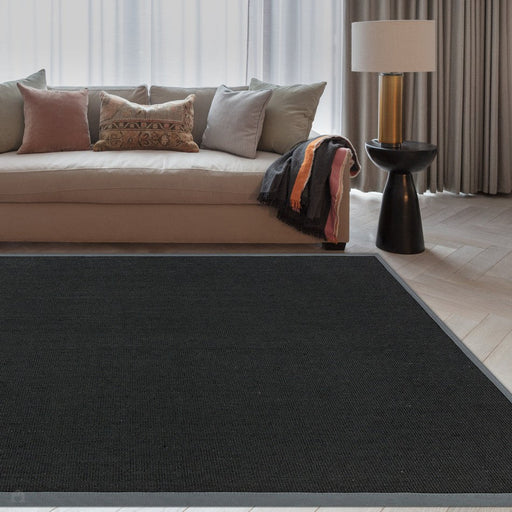 Sisal Cotton Border Plain Natural Fibre Ribbed Textured Flatweave Black/Grey Rug