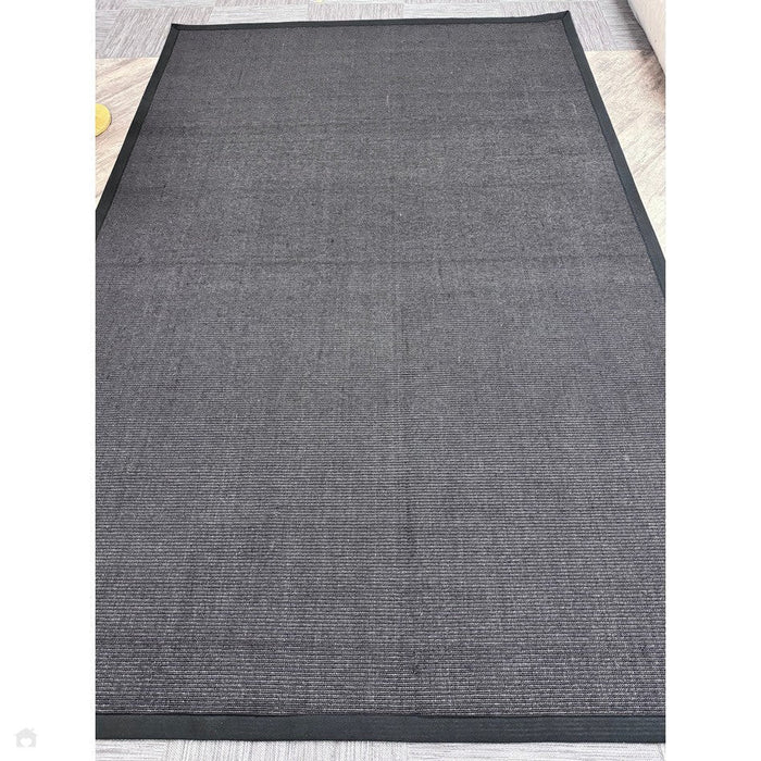 Sisal Cotton Border Plain Natural Fibre Ribbed Textured Flatweave Black/Grey Rug