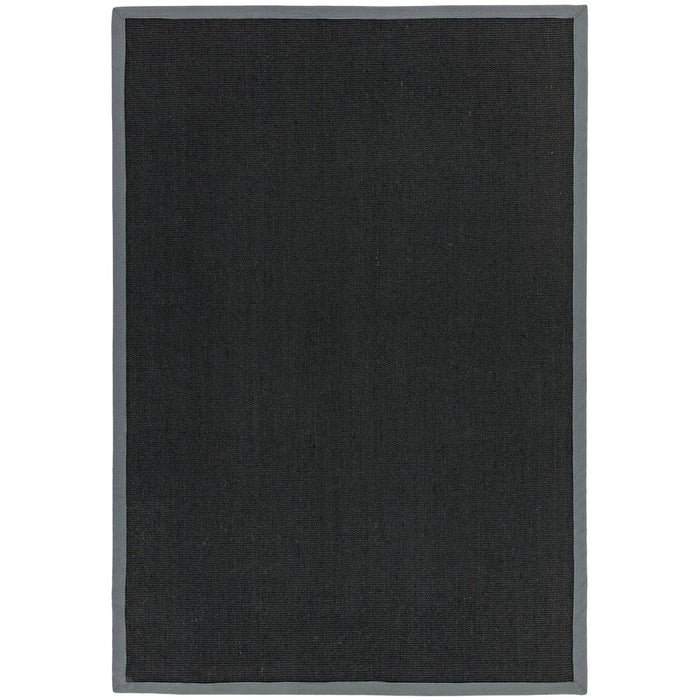 Sisal Cotton Border Plain Natural Fibre Ribbed Textured Flatweave Black/Grey Rug