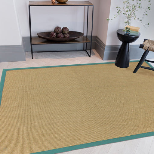 Sisal Cotton Border Plain Natural Fiber Ribbed Textured Flatweave Linen/Aqua Rug