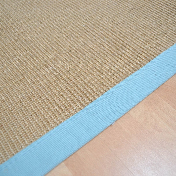 Sisal Cotton Border Plain Natural Fiber Ribbed Textured Flatweave Linen/Aqua Runner