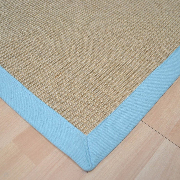 Sisal Cotton Border Plain Natural Fiber Ribbed Textured Flatweave Linen/Aqua Runner