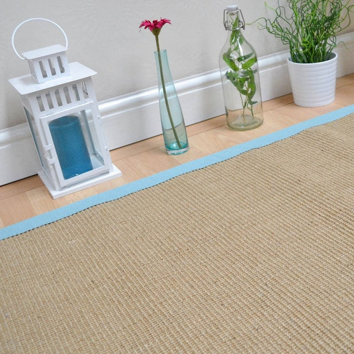 Sisal Cotton Border Plain Natural Fiber Ribbed Textured Flatweave Linen/Aqua Runner