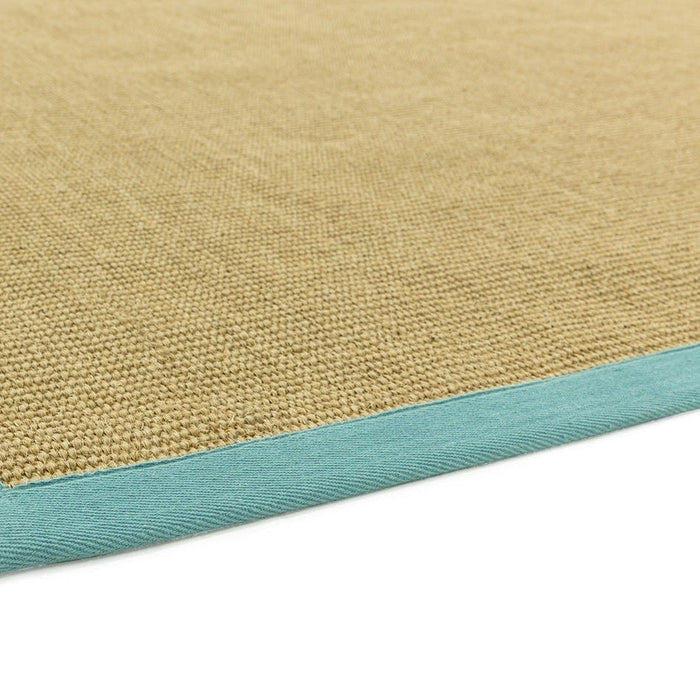 Sisal Cotton Border Plain Natural Fiber Ribbed Textured Flatweave Linen/Aqua Runner