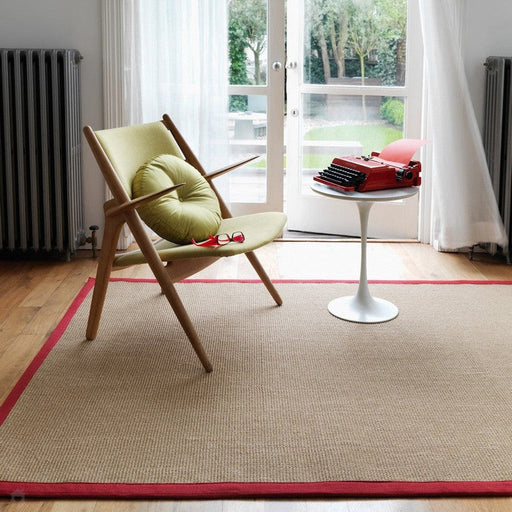 Sisal Cotton Border Plain Natural Fiber Ribbed Textured Flatweave Linen/Red Rug