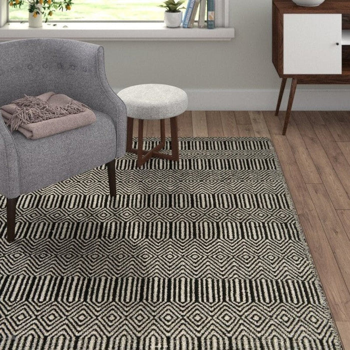 Sloan Modern Geometric Hand-Woven Wool&Cotton Soft-Touch Durable Textured Flatweave Black Rug