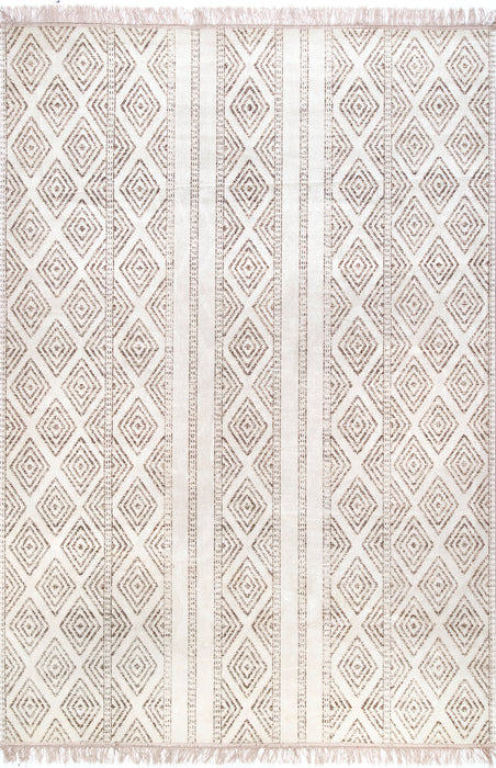 Raidallinen beige sisä-ulkomatto tupsuilla 160x230 cm