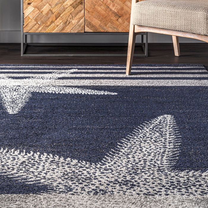 Tappeto con stelle marine a strisce in blu per decorazioni costiere