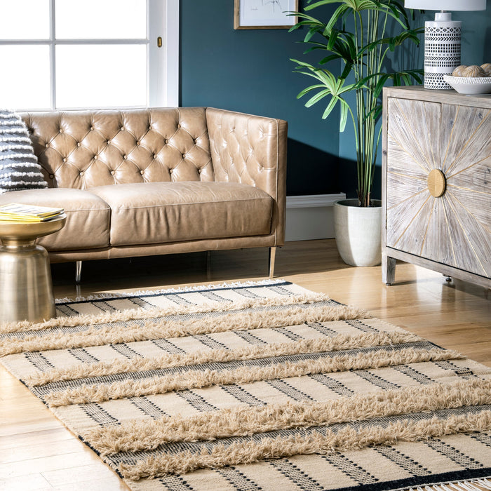 Tan Shaggy Striped Area Rug 120x180 cm