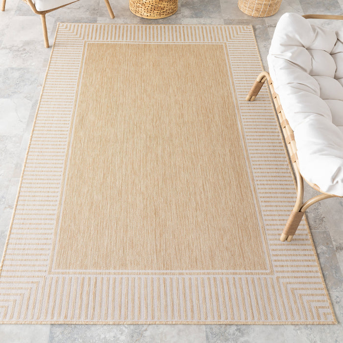 Tan Striped Border Indoor Outdoor Flatweave Area Rug 150x240 cm