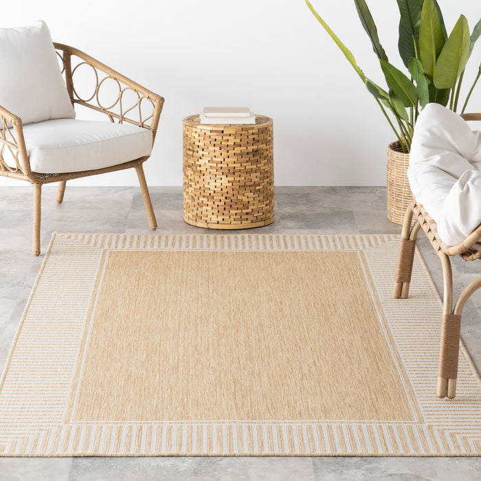 Tan Striped Border Indoor Outdoor Flatweave Area Rug 150x240 cm