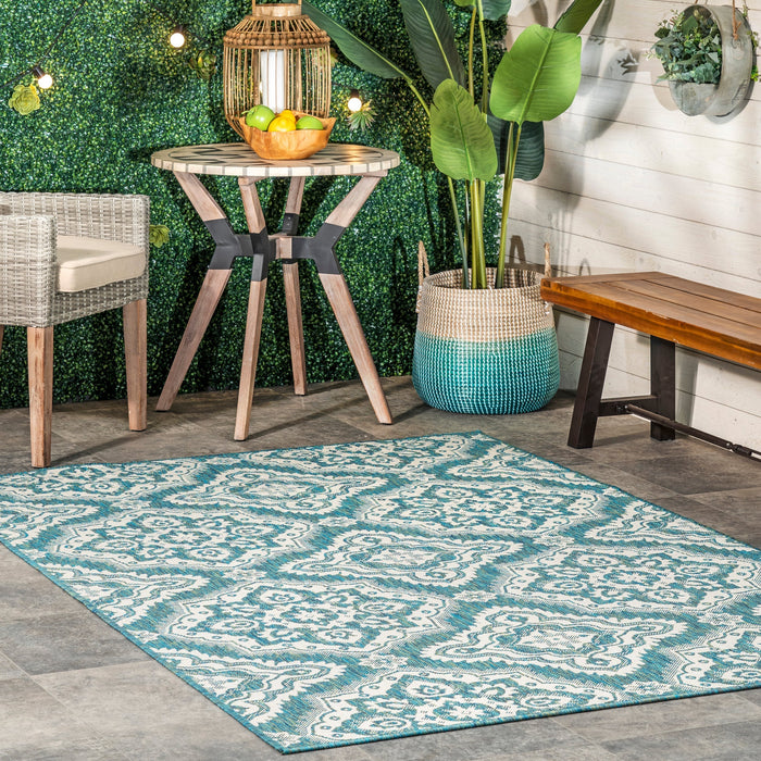 Teal Floral Trellis-vloerkleed voor gebruik binnen en buiten