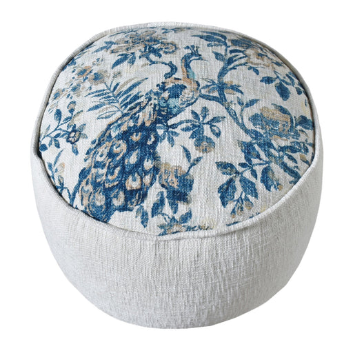 Tenri Hand Woven Cotton Pouf in Ivory and Blue