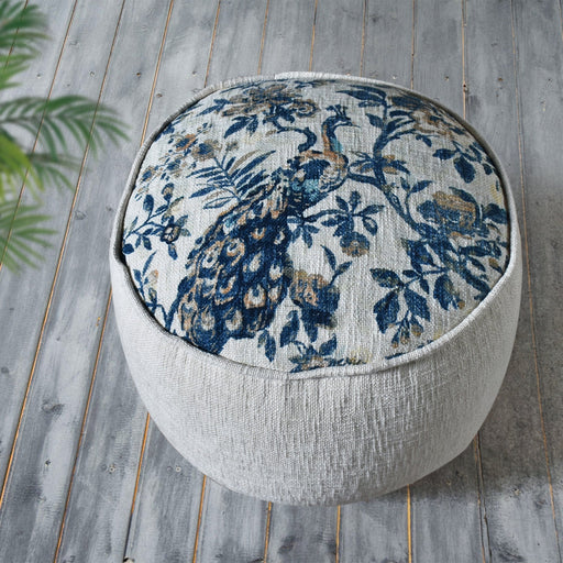 Tenri Hand Woven Cotton Pouf in Ivory and Blue