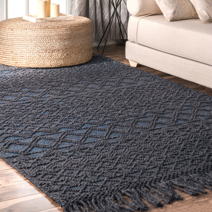 Textured Black Graphyte Area Rug With Tassels 120x180 cm