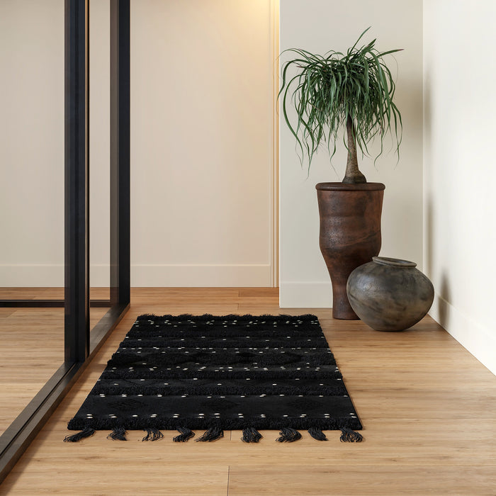 Textured Black Wool Area Rug 100% Handmade