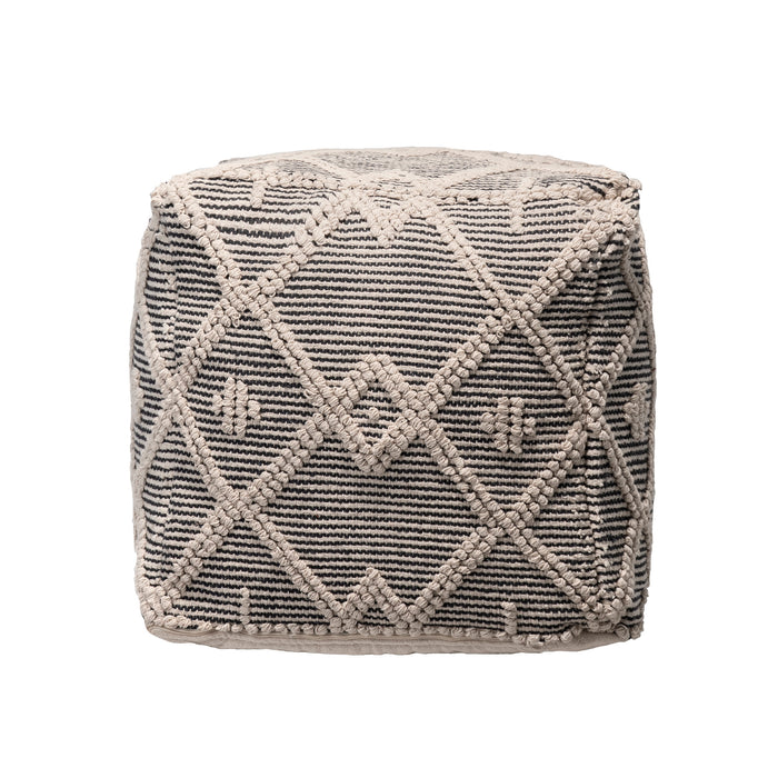Textured Natural Pouf With Modern Trellis Design