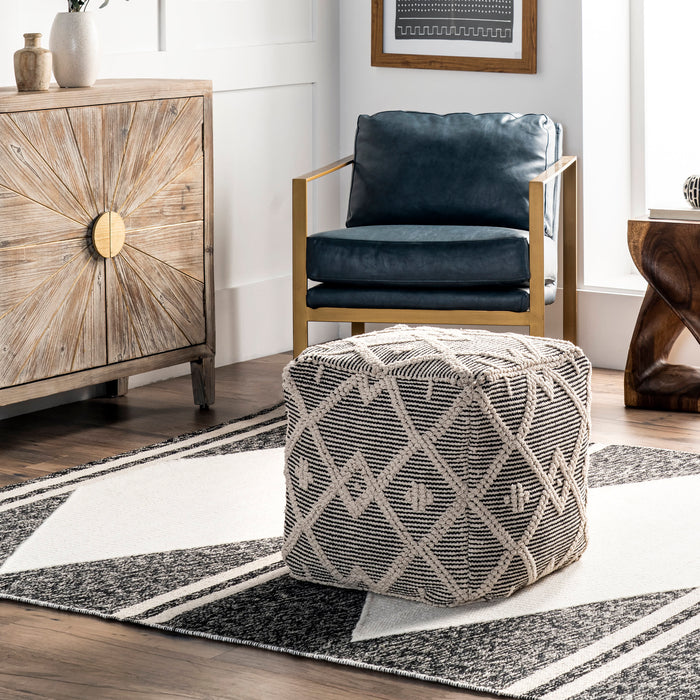 Textured Natural Pouf With Modern Trellis Design