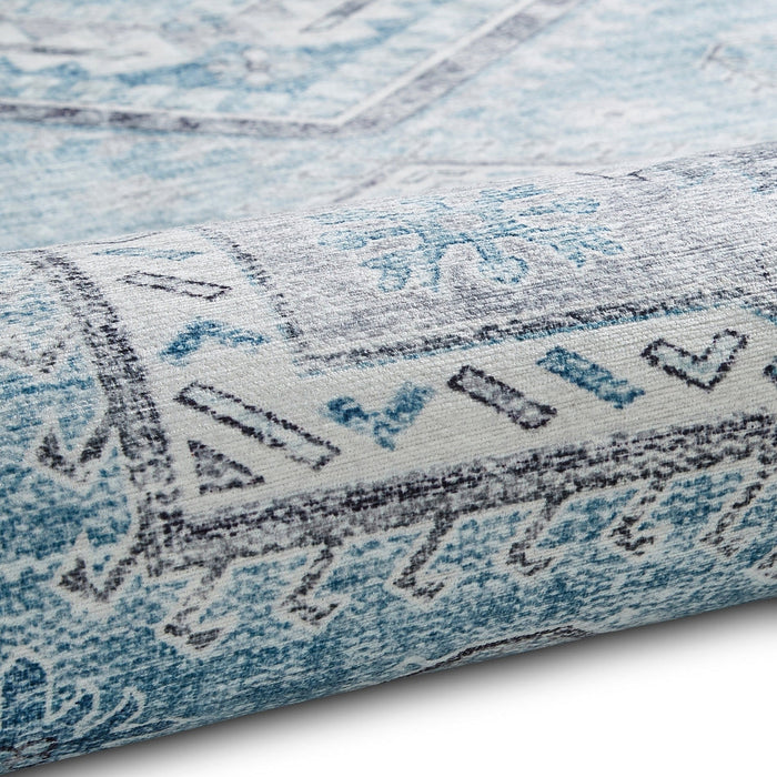 Topaz G4705 Παραδοσιακό Vintage Distreded Medallion Border Printed Chenille Polyester Flatweave Light Blue/Cream χαλί