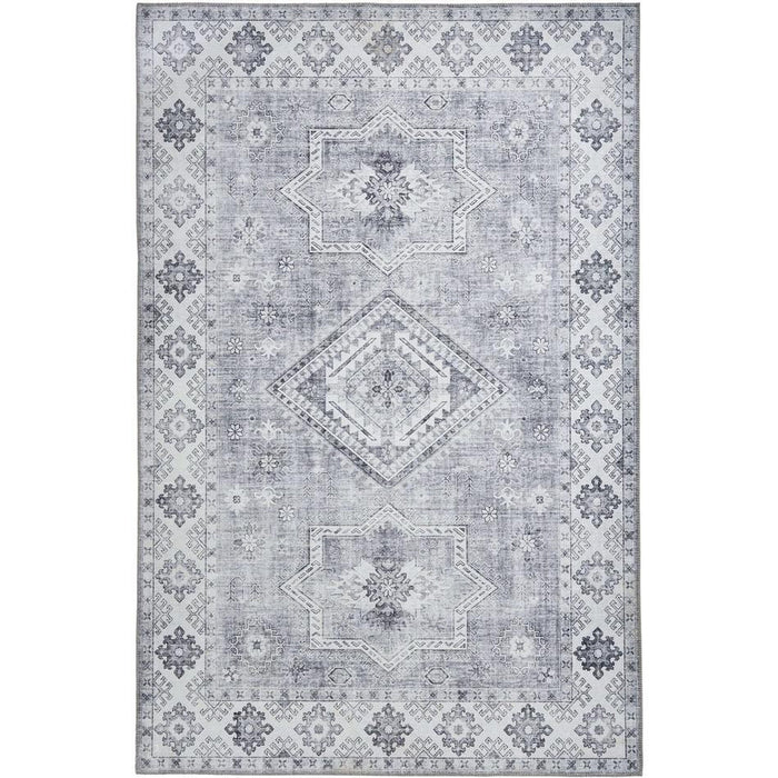 Topaz G4705 Παραδοσιακό Vintage Distreded Medallion Border Printed Chenille Polyester Flatweave Silver/Steel Blue Rug