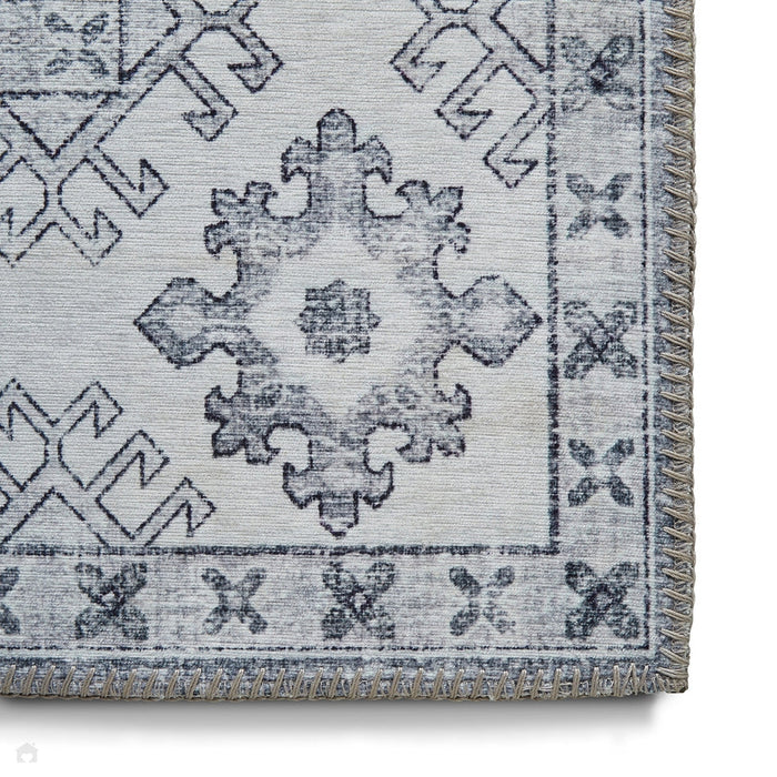 Topaz G4705 Παραδοσιακό Vintage Distreded Medallion Border Printed Chenille Polyester Flatweave Silver/Steel Blue Rug