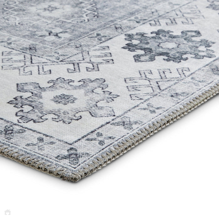 Topaz G4705 Παραδοσιακό Vintage Distreded Medallion Border Printed Chenille Polyester Flatweave Silver/Steel Blue Rug