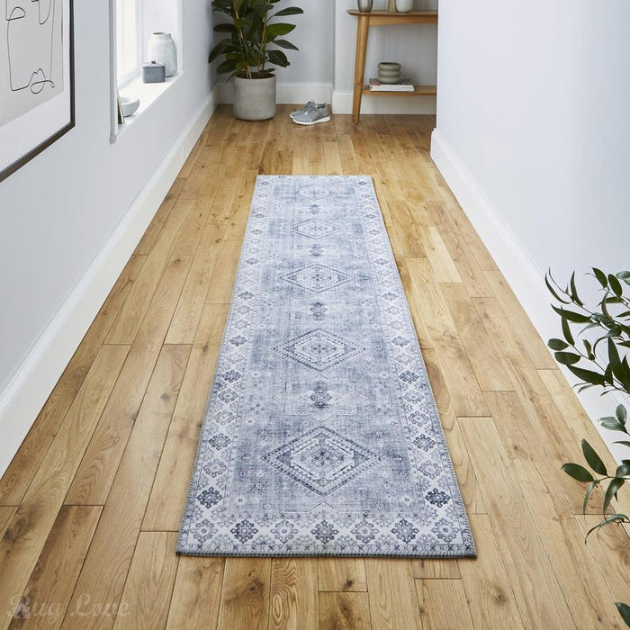 Topaz G4705 Παραδοσιακό Vintage Distreded Medallion Border Printed Chenille Polyester Flatweave Silver/Steel Blue Rug