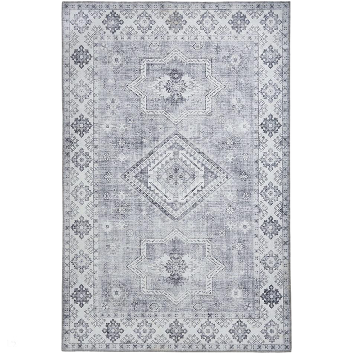 Topaz G4705 Παραδοσιακό Vintage Distreded Medallion Border Printed Chenille Polyester Flatweave Silver/Steel Blue Rug