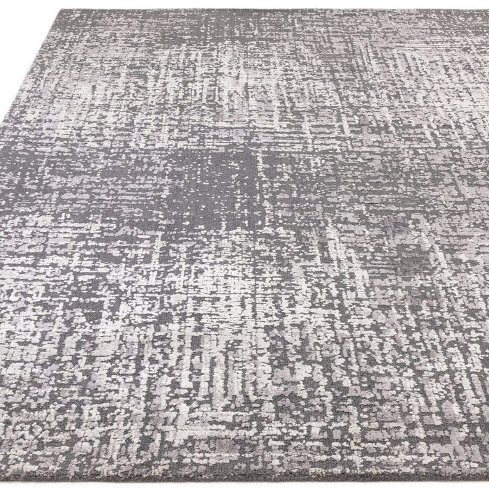 Torino Modern abstrakt Distressed Shimmer Tonal Textured Hi-Low Soft Wool Loop &amp; Viscose Flatweave Charcoal Grey/Silver Rug