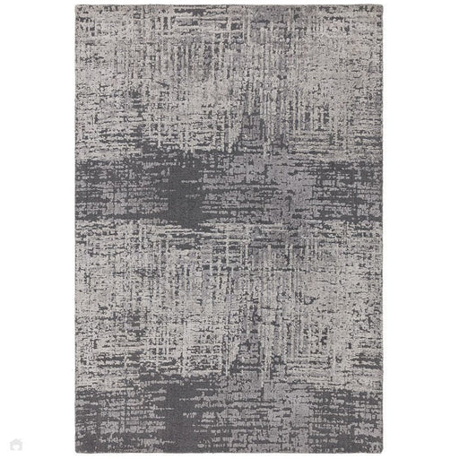 Alfombra Torino moderna, abstracta, desgastada, brillante, texturizada en tonos altos y bajos, lazo de lana suave y tejido plano de viscosa, gris carbón/plata