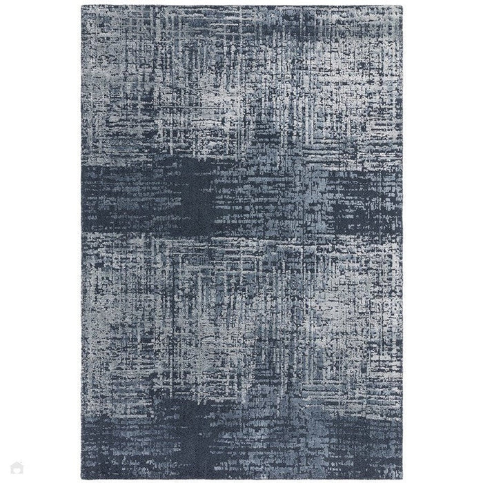 Torino Modern Abstract Distressed Shimmer Tonaalinen Teksturoitu Hi-Low Pehmeä Villasilmukka &amp; Viskoosi Flatweave Bensiininsininen matto