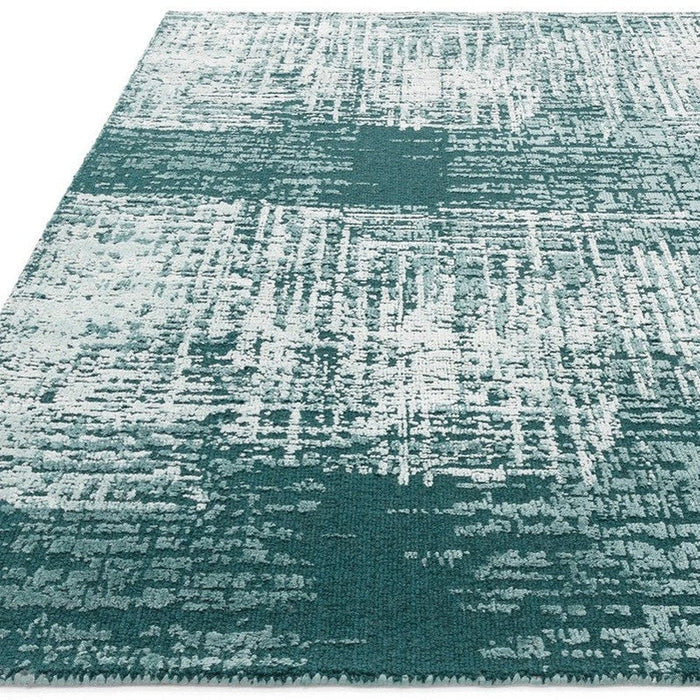 Torino Modern Abstract Distressed Shimmer Tonaalinen Teksturoitu Hi-Low Pehmeä Villasilmukka &amp; Viskoosi Flatweave Sinivihreä matto