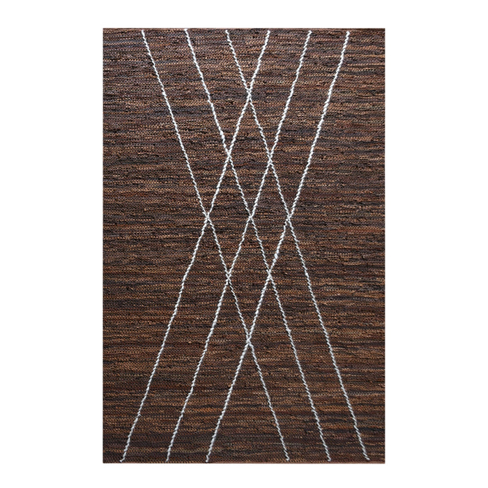 Tribal Design Leather And Wool Area Rug in Brown And Ivory