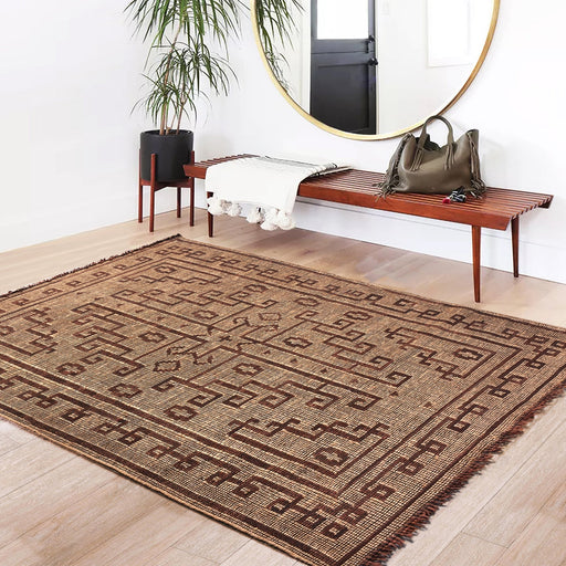 Tribal Hand Woven Rug in Natural Hemp and Leather