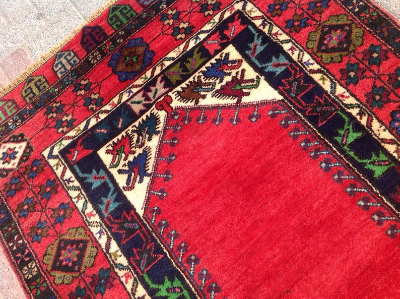 Tappeto tribale in lana rossa intrecciata a mano, 177 cm x 114 cm, vintage