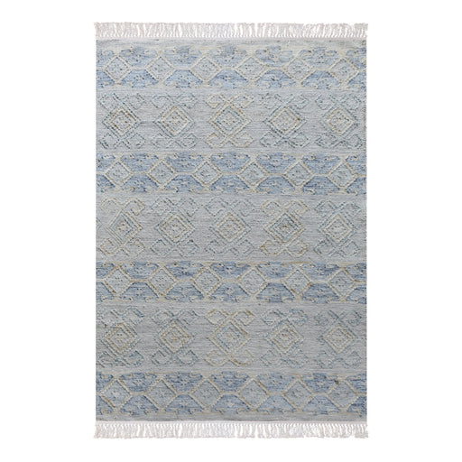 Tribal jutewol handgeweven vloerkleed blauw-beige design