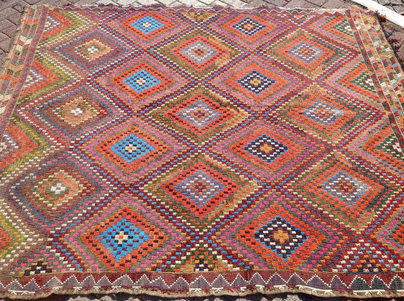 Tribal Kilim Vintage -matto 233cm x 198cm käsinkudottu kalkkuna