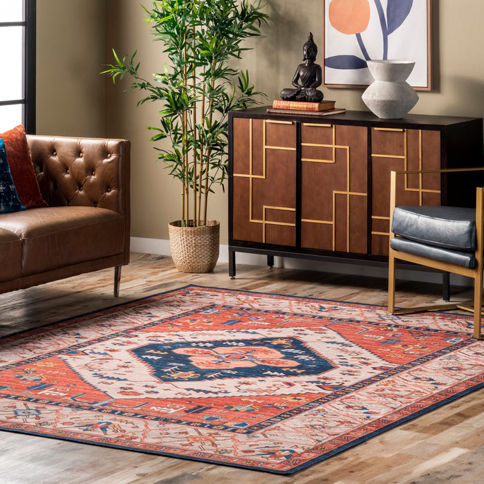 Tribal Medallion Machine Washable Rug in Rust 150x90 cm