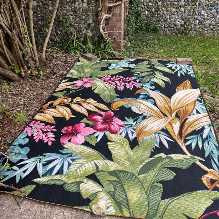 Tropicana 725 K Botanical Floral Durable Stain-Resistant Weatherproof Flatweave In-Outdoor Black/Green/Gold/Multicolour Rug