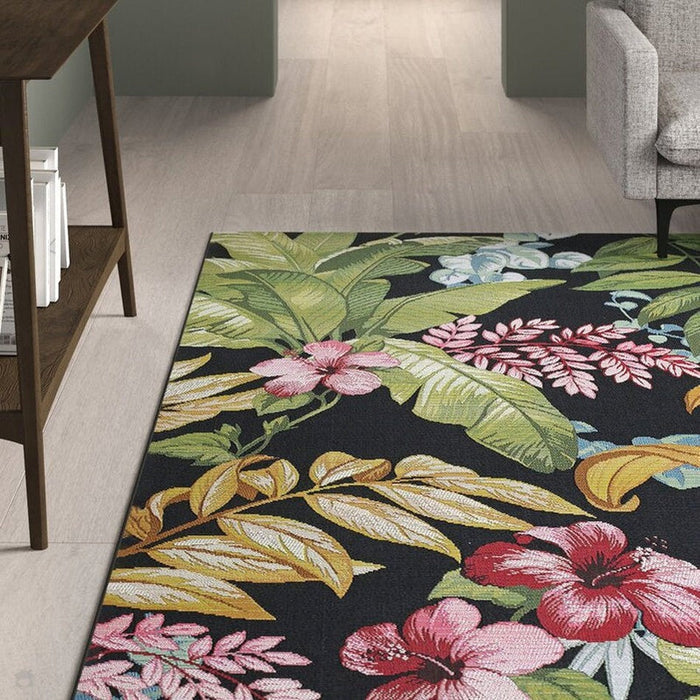 Tropicana 725 K Botanical Floral Durable Stain-Resistant Weatherproof Flatweave In-Outdoor Black/Green/Gold/Multicolour Rug