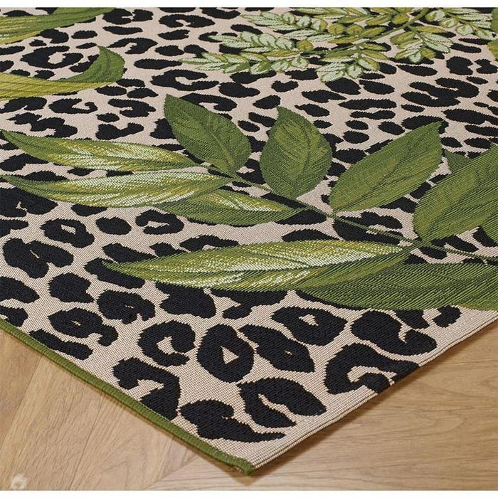 Tropicana 823 K Floral Leopard Durable Stain-Resistant Weatherproof Flatweave In-Outdoor Cream/Black/Green/Multicolour Rug