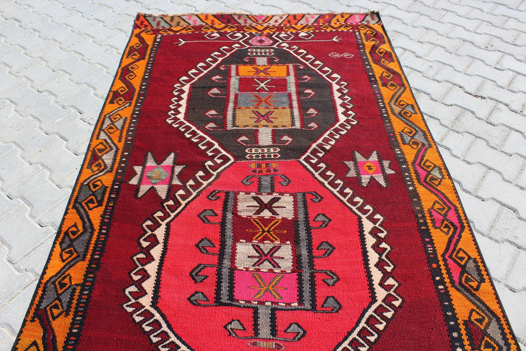 Turkse Kelim Runner 135 cm x 427 cm Vintage handgemaakt tapijt