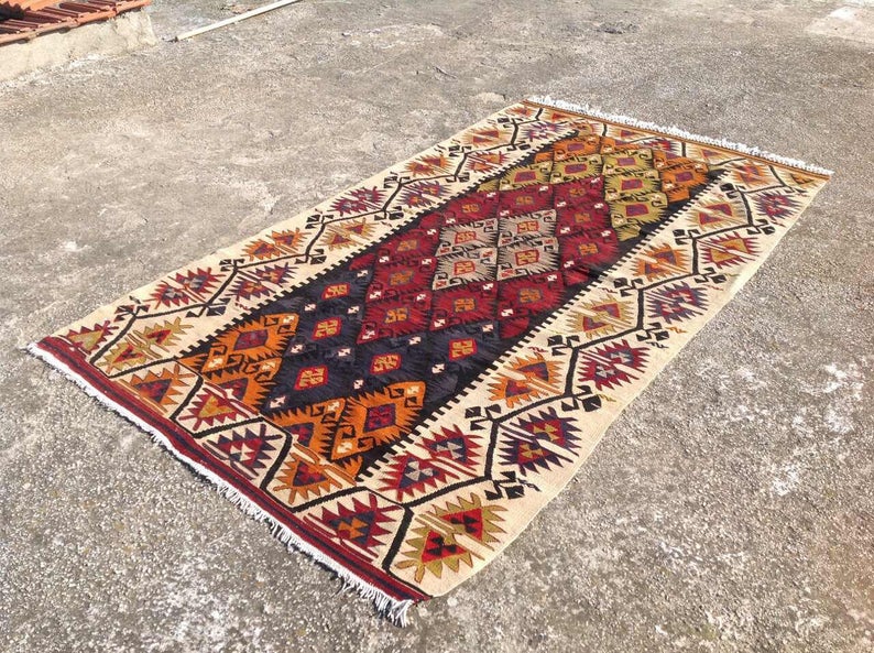 Turkish Vintage Kilim Rug 231cm x 129cm Handwoven Wool