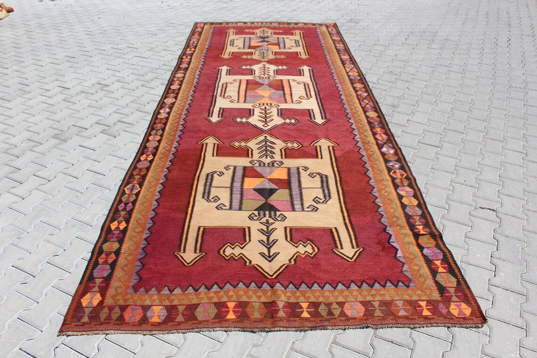 Turkse Vintage Kelim Runner 464 cm x 180 cm Handgemaakt