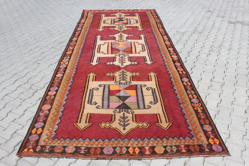 Turkse Vintage Kelim Runner 464 cm x 180 cm Handgemaakt