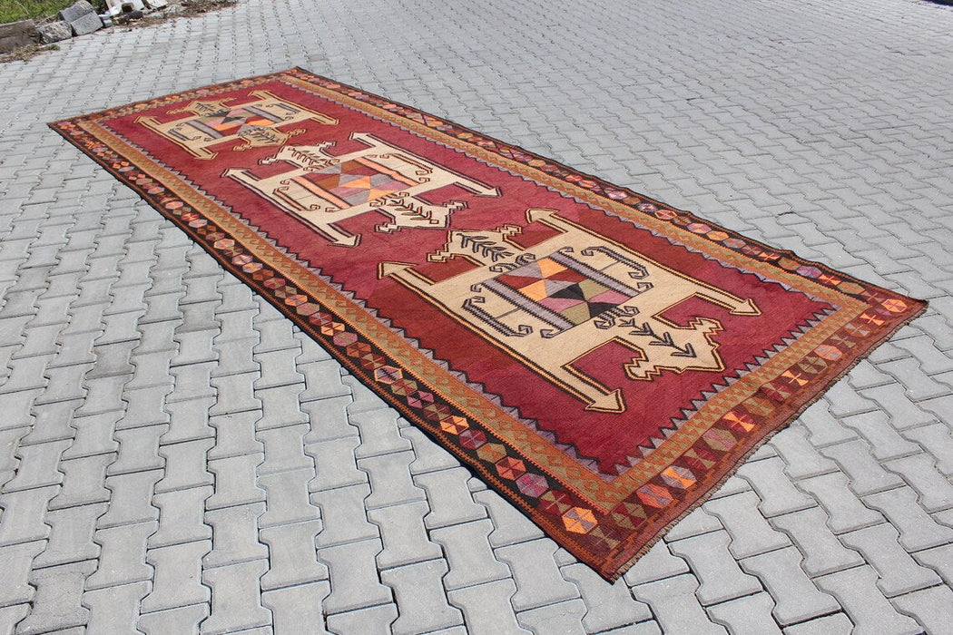 Turkse Vintage Kelim Runner 464 cm x 180 cm Handgemaakt